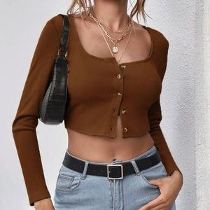 Button Up Rib-knit Crop Top